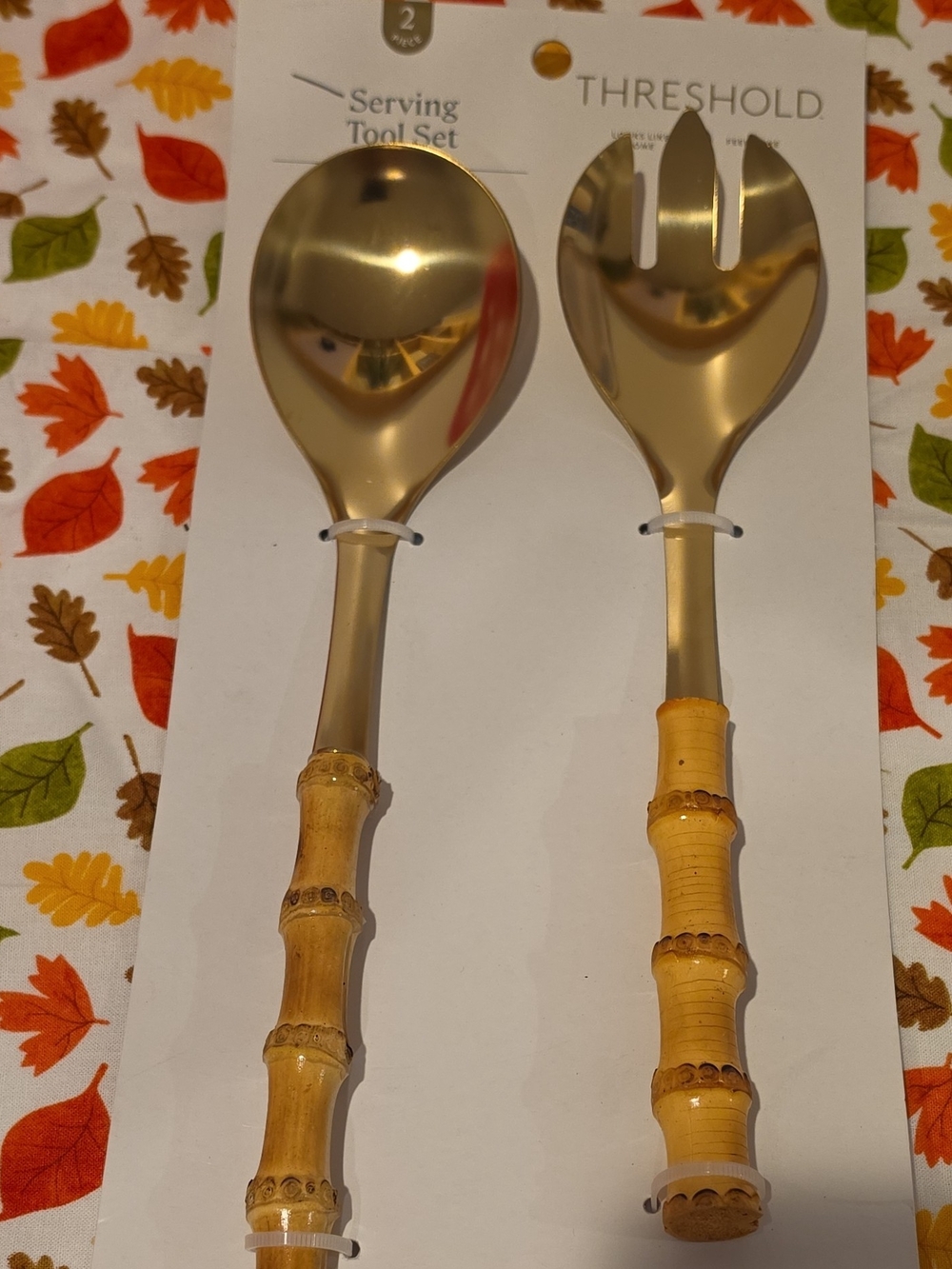 Threshold Gold and Bamboo-Handle Serving Spoon and Fork Set